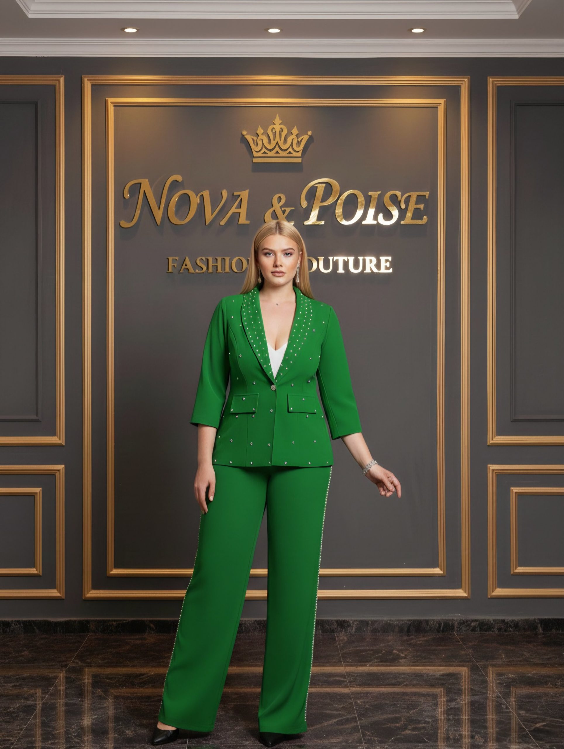 The 'Emerald Elegance' Crystal Pantsuit